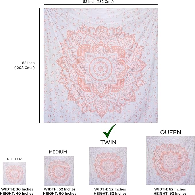 raajsee Metallic Rose Gold Tapestry Pink Mandala Wall Hangings, Indian Cotton Beach Throw Blanket, Hippie Tapestries Boho Decor Bohemian Bedding,Twin Bedspread 52x82 inches Yoga Mat Rugs