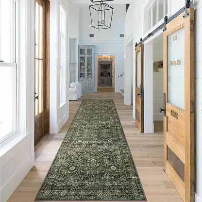 Morebes Vintage 2x10 Runner Rug for Hallway Non Slip,Washable Kitchen Runner Rug for Entryway Indoor,Super Soft Faux Wool Rug for Farmhouse Dining Room Indoor Playroom, Dark Green