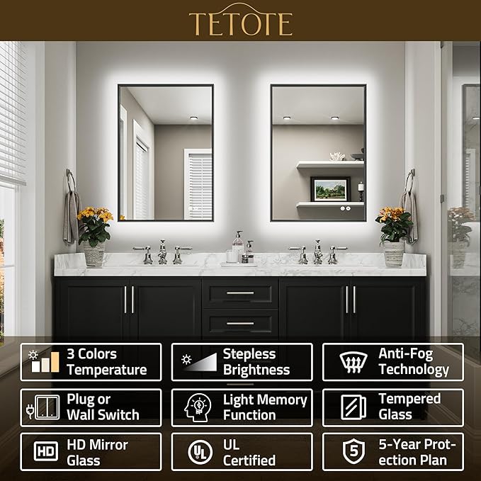 TETOTE 40 x 24 Backlit Mirror Brushed Black Metal Frame LED Light Vanity 3-Color White/Warm/Natural Stepless Dimmable Anti-Fog Backlight Mirror Wall-Mounted