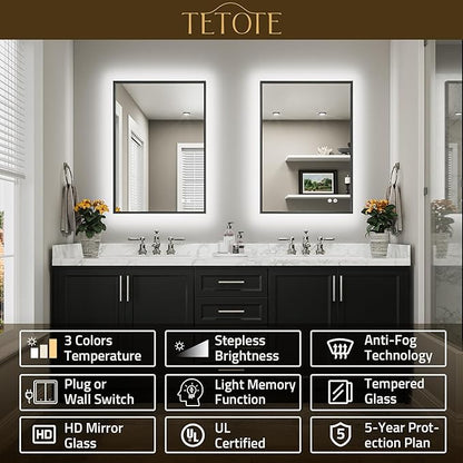 TETOTE 24 x 36 Backlit Bathroom Mirror Brushed Black Metal Frame LED Light Vanity 3-Color White/Warm/Natural Stepless Dimmable Anti-Fog Backlight Mirror Wall-Mounted