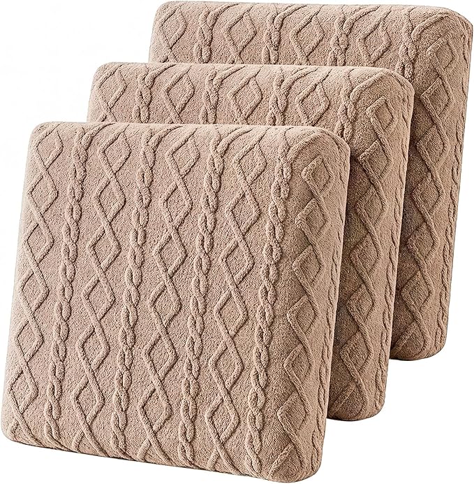 3 Pcs Jacquard Couch Cushion Covers for Sofa Stretch Plush Soft Seat Cover Washable Sofa Slip Covers with Elastic Bottom Modern Boho Furniture Protector for Sectional Slipcovers(Tan)