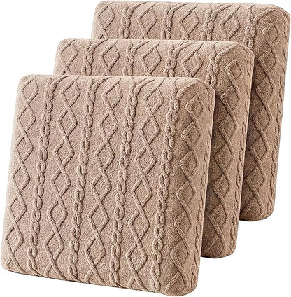 3 Pcs Jacquard Couch Cushion Covers for Sofa Stretch Plush Soft Seat Cover Washable Sofa Slip Covers with Elastic Bottom Modern Boho Furniture Protector for Sectional Slipcovers(Tan)
