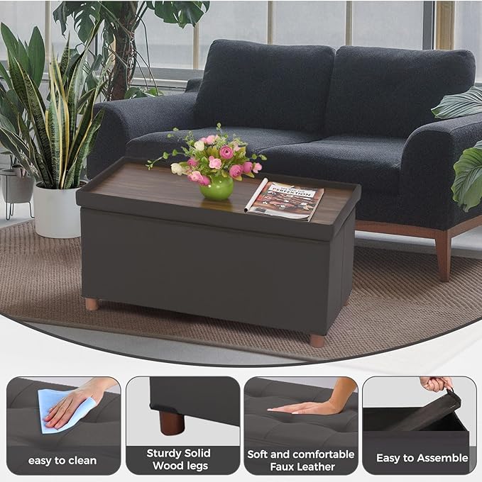 Ottoman Storage Bench for Living Room with Tray, Bedroom Foot Stool, Coffee Table Lid, End of Bed Faxu Leather 30" Inch (L-Grey)