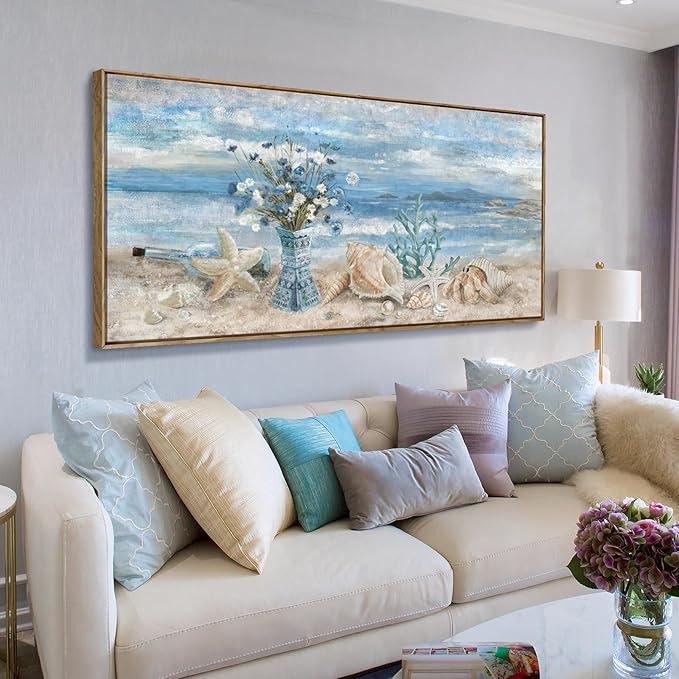 Framed Wall Art for Living Room Blue Ocean Seaside Landscape Beach Picture Coastal Canvas Print Abstract Seascape Painting Daisy Flower in Indian Vase Sea View Artwork for Home Decor 48" W x 24" H
