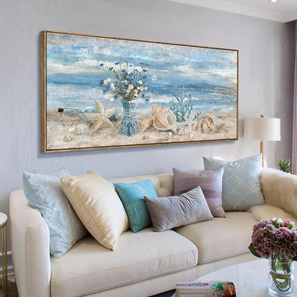 Framed Wall Art for Living Room Blue Ocean Seaside Landscape Beach Picture Coastal Canvas Print Abstract Seascape Painting Daisy Flower in Indian Vase Sea View Artwork for Home Decor 48" W x 24" H