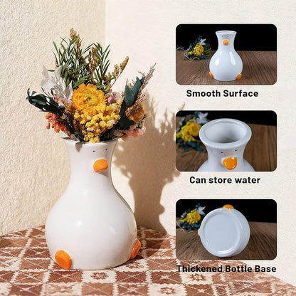 Handcrafted White Ceramic Duck Vase - Cute Animal-Themed Round Table Vase | Trendy Funky Art Decor for Fresh Flowers, Utensils & Accessories | Handcrafted Gift for Home Bedroom Office Decor