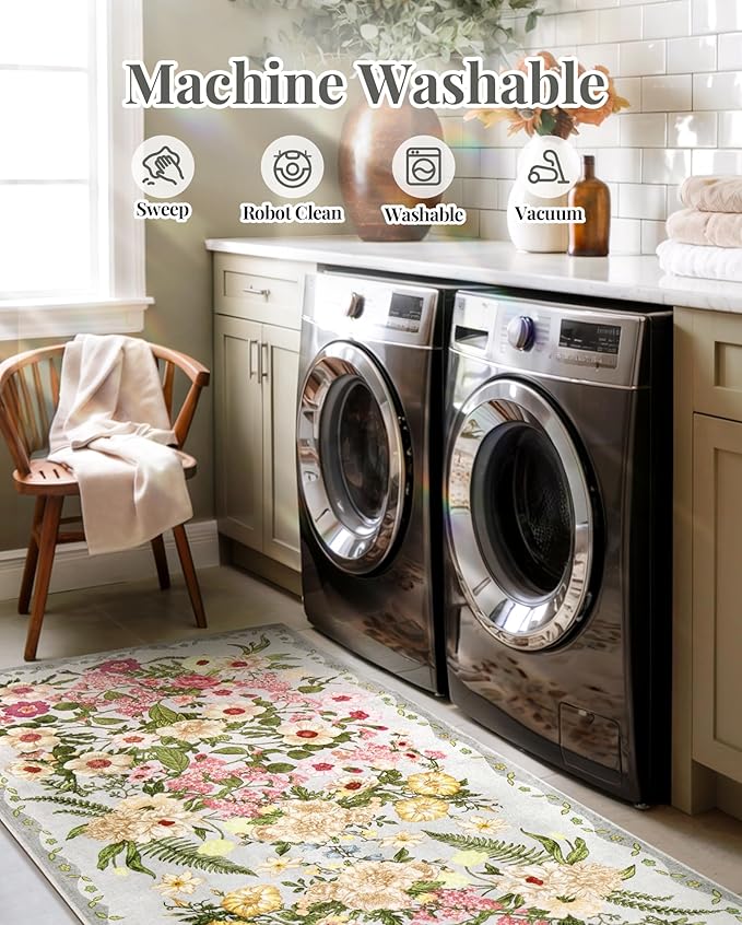 Floral Rugs for Living Room - 9x12 Soft Washable Area Rug Stain Resistant Ultra-Thin Non-Slip Low Pile Farmhouse Vintage Large Carpet for Bedroom Dining Room Nursery Home Office Decor, Grey