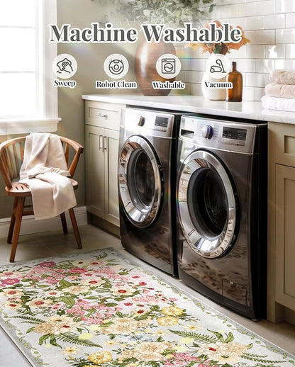 Floral Rugs for Living Room - 9x12 Soft Washable Area Rug Stain Resistant Ultra-Thin Non-Slip Low Pile Farmhouse Vintage Large Carpet for Bedroom Dining Room Nursery Home Office Decor, Grey