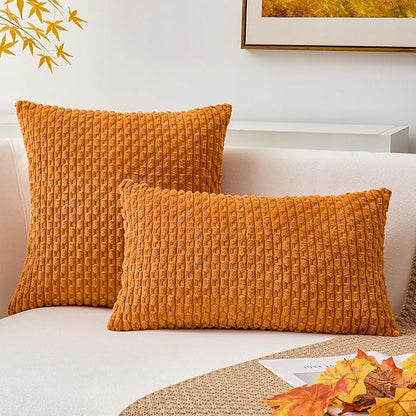 Kevin Textile Fall Throw Pillow Covers Soft Corduroy Decorative Set of 2 Boho Striped Pillow Covers Pillowcases Farmhouse Home Decor for Couch Bed Sofa Living Room 16x16 Inch Orange Yellow