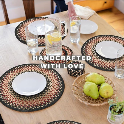 Homespice Primitive Star Gloucester Jute Woven Round Placemats Set of 6, 15", Warm Primitive Decor, Black and Red Table Mats - Vibrant Colors, Durable, Easy to Clean and Protects Furniture