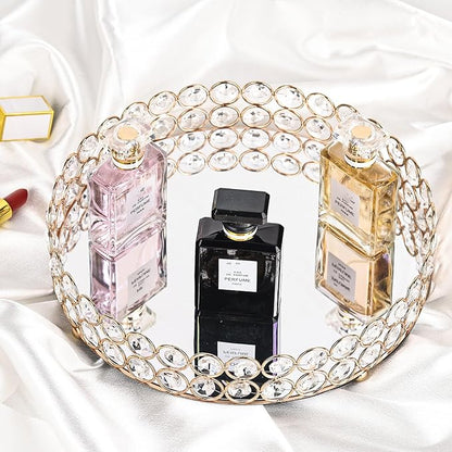 Elegant Gold Crystal Mirror Perfume Tray for Vanity, Coffee Table, and Home Decor - Small Glass Tray for Jewelry, Perfume, and Decorative Items - Bandeja para Perfumes, Perfume Trays for Dresser
