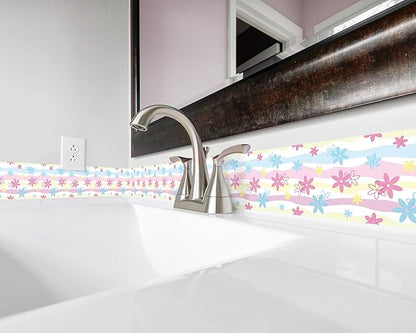 FLFK Wallpaper Border, Rainbow Flowers Peel and Stick Wall Border Self Adhesive Wall Paper Borders for Bedroom Living Room Girl's Room Kitchen Bathroom 5"x240"