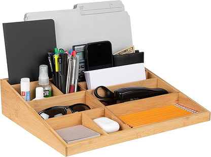 Theodore Bamboo Desktop Organizer – 10‑Compartment Natural Wood Storage Tray for Office, Home, Kitchen & Vanity – No Assembly, Water‑Resistant, Eco‑Friendly