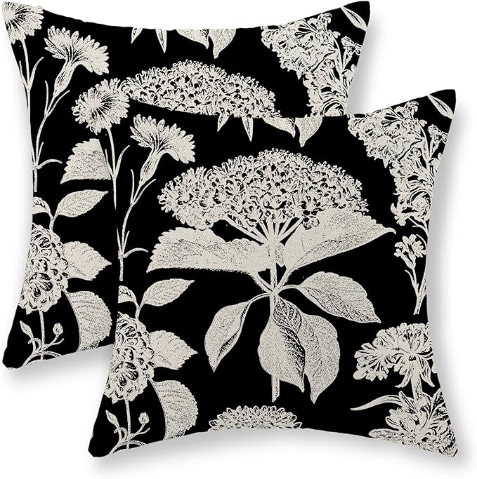 Black Pillow Covers 18x18 Inch Set of 2 Vintage Boho Floral Hydrangea Herbs Botanical Throw Pillows Outdoor Flower Decoration Pillowcase Linen Farmhouse Cushion Case Decorative for Couch Sofa