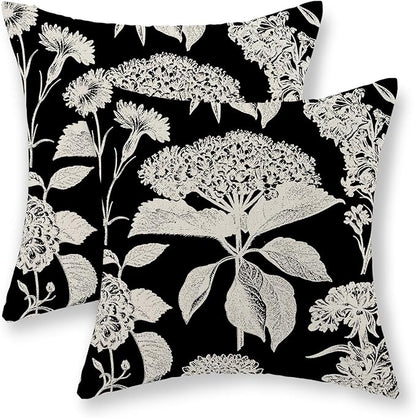 Black Pillow Covers 20x20 Inch Set of 2 Vintage Boho Floral Hydrangea Herbs Botanical Throw Pillows Outdoor Flower Decoration Pillowcase Linen Farmhouse Cushion Case Decorative for Couch Sofa