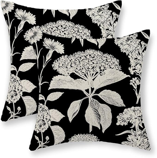 Black Pillow Covers 20x20 Inch Set of 2 Vintage Boho Floral Hydrangea Herbs Botanical Throw Pillows Outdoor Flower Decoration Pillowcase Linen Farmhouse Cushion Case Decorative for Couch Sofa