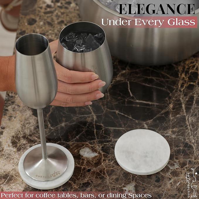 Gusto Nostro White Marble Coasters Set of 6 with Non-Slip Backing - Luxury Natural Stone Coasters for Drinks - Genuine Marble Kitchen Accessories, Round Stone Coaster for Kitchen Counter, Coffee Table