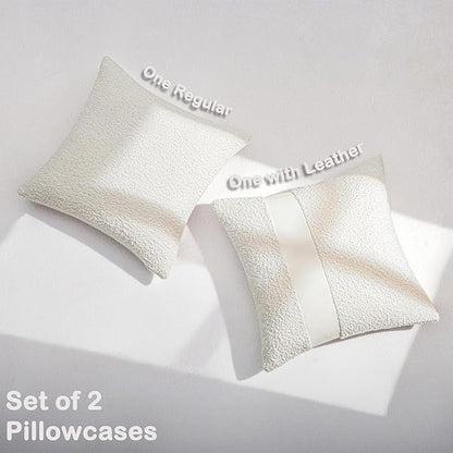 18"x18" White Boucle Throw Pillow Covers with Faux Leather Accents Set of 2 Fluffy Textured Decorative Pillow Cases for Couch Bed Boho Farmhouse Square Cushion Covers for Nordic Home Décor