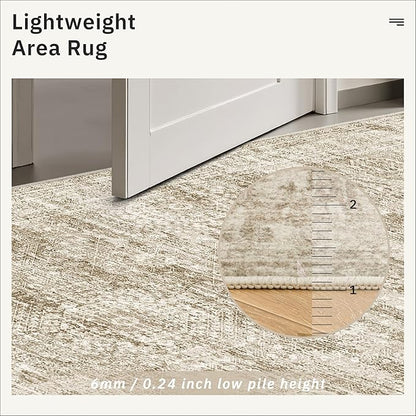 7x9 Area Rug for Living Room Washable Abstract Vintage Soft Thin Indoor Floor Non-Slip Carpet for Bedroom Dining Room Brown