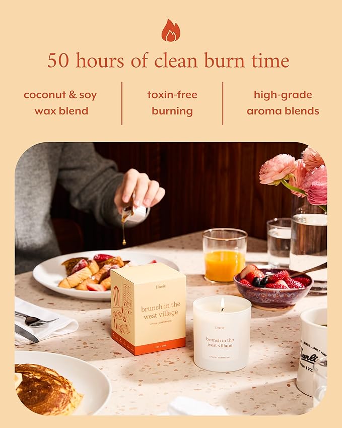 Literie NYC Inspired Scented Candle: Brunch in The West Village - Citrus & Champagne, 9oz, 50 Hour Burn, Vegan Soy & Coconut Blend Candle for Home Decor, Gift for Women & Men