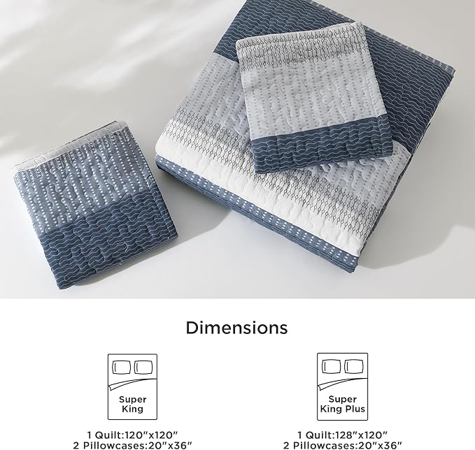 Litanika Oversized King Quilt Set Navy Blue, 120x120 Stripe Bedspread Coverlet 3 Pieces, Navy Blue Lightweight Quilted Bedding Set for All Season(Super King-1 Quilt, 2 Pillowcases)