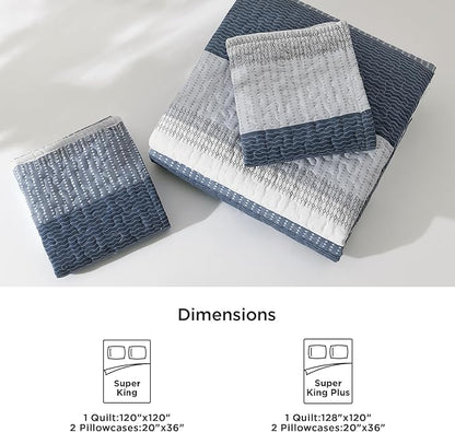 Litanika Oversized King Quilt Set Navy Blue, 120x120 Stripe Bedspread Coverlet 3 Pieces, Navy Blue Lightweight Quilted Bedding Set for All Season(Super King-1 Quilt, 2 Pillowcases)