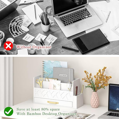 Wooden Desk Organizer,Desktop Organizer File Sorter for Office Supplies, Mail Organizer with Drawer,Desk Accessories & Workspace Organizers for Women （White）
