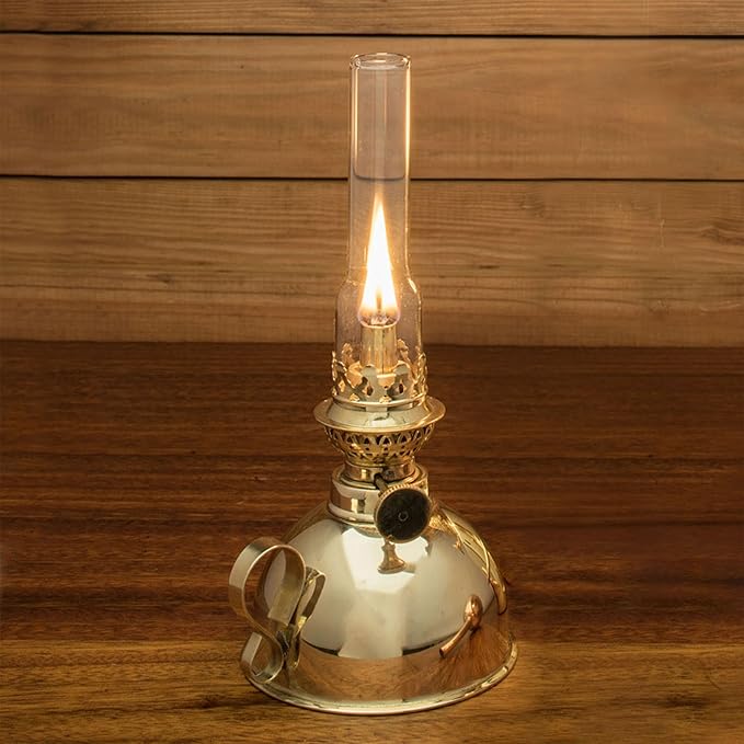 Kings County Tools Small Antique-Style Extra-Bright Oil Lamp | Brass Body with Glass Chimney | 4" Wide by 9" High