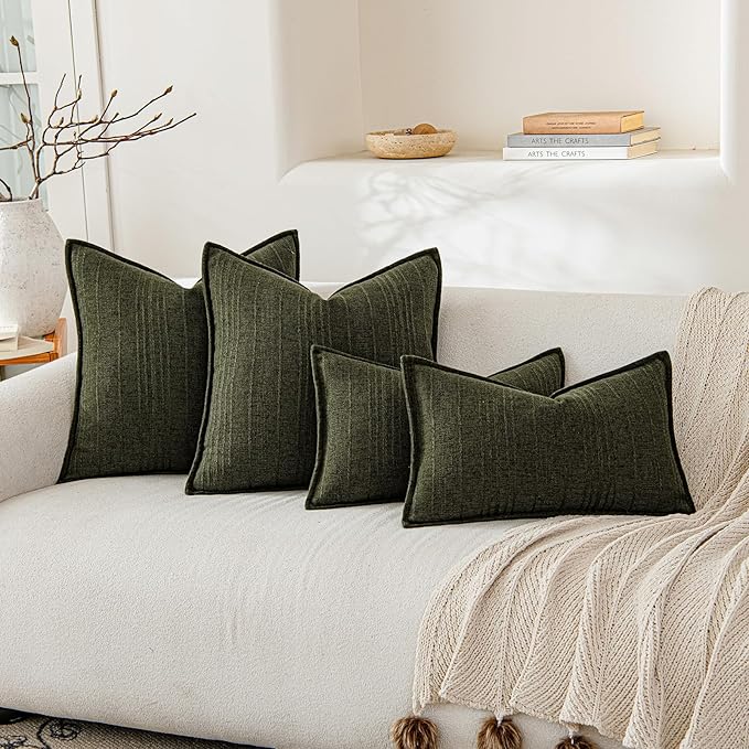 a moment Linen Pillow Covers Set of 2,Boho Farmhouse Throw Pillowcases Neutral Textured Decorative Covers for Couch Sofa,Linen Blend Accent Case Cushion Living Room Home Decor 22"x22"Dark Green