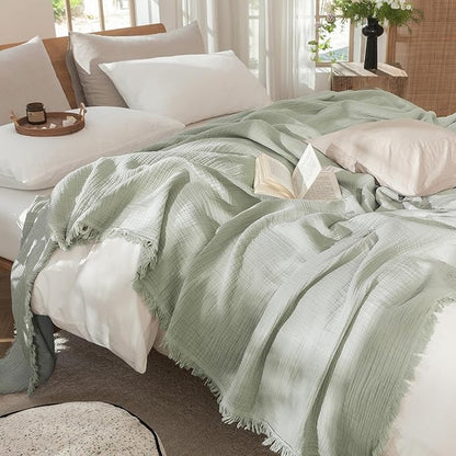 MooMee Muslin Blanket - 100% Cotton 4-Layer Gauze Throw Blanket with All-Around Fringe Ultra-Soft Breathable Lightweight Cooling for Bed Couch (Sage Green,Twin XL 66" x 90")