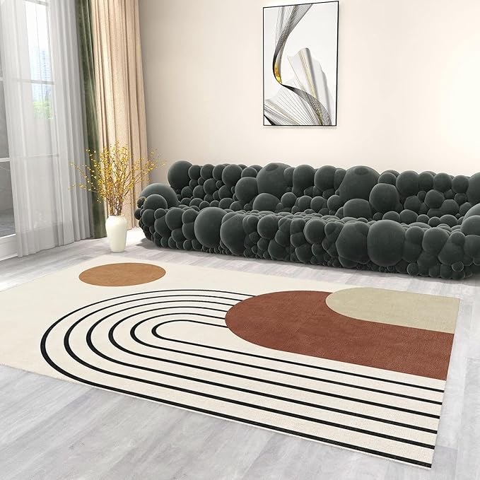 Mid Century Geometry Boho Sun Area Rug,Minimalism Black Stripe Art Large Rugs, Indoor Non-Slip Kids Rugs, Machine Washable Breathable Durable Carpet for Front Entrance Floor Decor,5.3 x 8ft