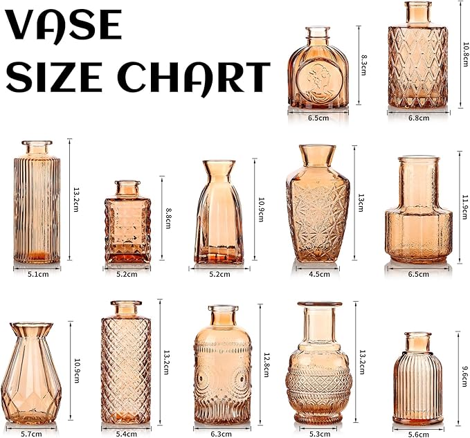 Bud Vases Set of 12, Small Mini Glass Vases for Centerpieces - Elegant Vintage Style - Perfect for Table Decor, Wedding, Party Centerpieces - Great Gift for Home Decor Lovers (Amber)