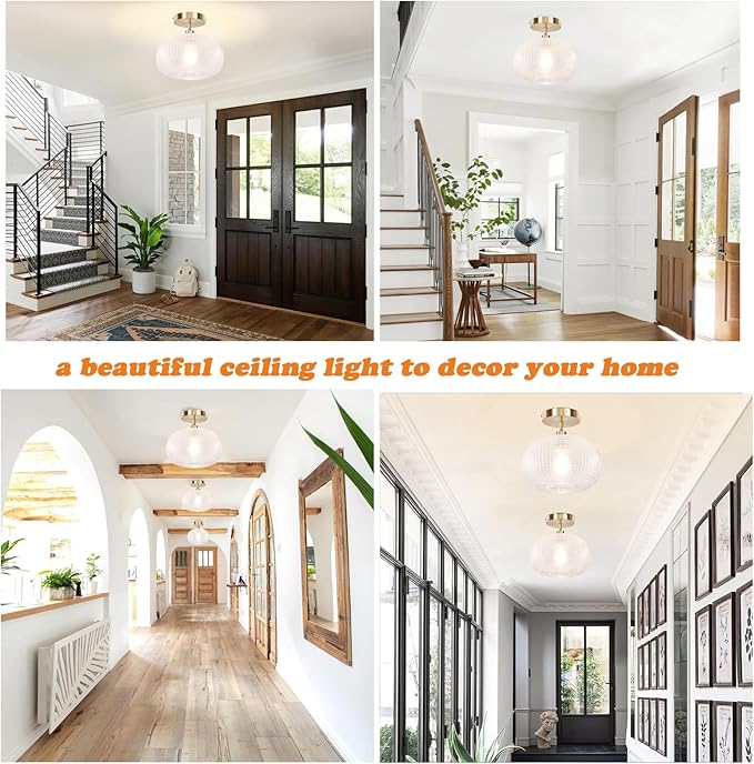 Semi Flush Mount Ceiling Light Fixture,Hallway Light Fixtures,Bathroom Light Fixtures,Gold Lighting Fixture,Globe Glass Light Fixture,Closet Light Fixture,Vintage Ceiling Lamp for Bedroom Kitchen
