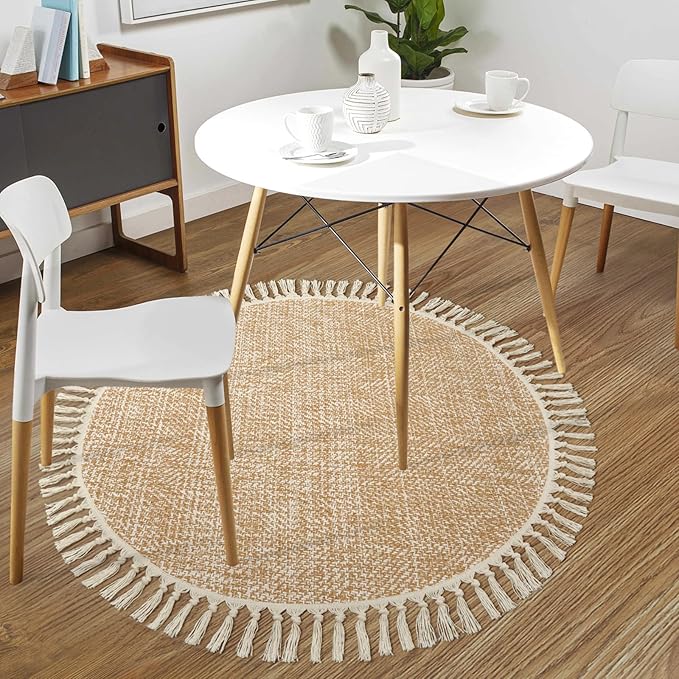 Collive Hand Woven Round Area Rug Soft Cotton Machine Washable Carpet 4ft Farmhouse Rugs with Tassels, Tan/Cream Circle Rugs for Bedroom Living Room Dining Room Table Office