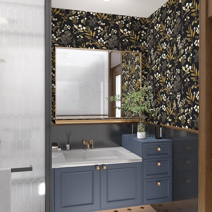 Black Gold Wallpaper Peel and Stick Dark Floral Wallpaper 17.5in x 118in Vintage Leaf Contact Paper Vinyl Waterproof Self Adhesive Boho Botanical Wall Paper for Bedroom Cabinet Décor