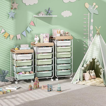 Rolling Storage Utility Cart With 4 Drawers,Kids Craft Art Cart,Makeup Organizer And Storage with Wooden Tabletop,Green