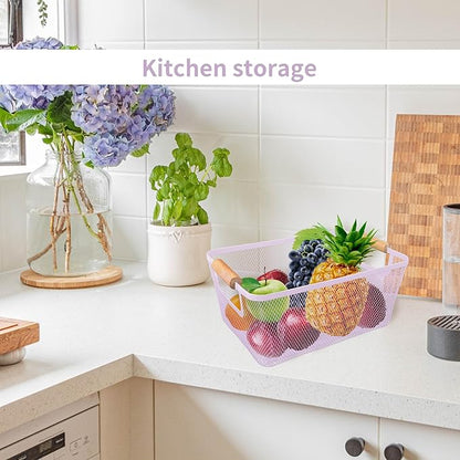 PTSGCAI 2Pack Metal Mesh Steel Basket with Bamboo Handle - Wire Metal Basket for Kitchen Organization, 12" Wide Food Organizer Bin, Perfect for Organizing Bulk Pantry (Purple)