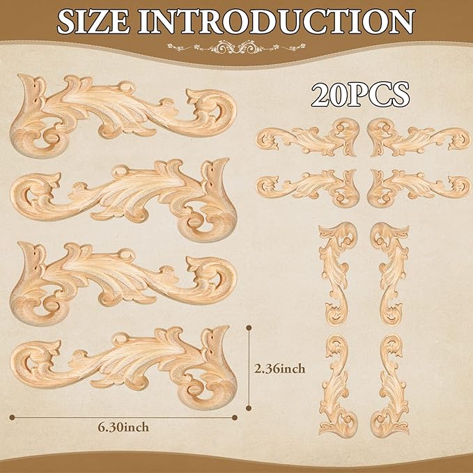 20 Pcs Wood Applique Corner Onlay Decorative Wood Applique DIY Wooden Carved Corner Unpainted Wooden Carved Decals Carving Decal for Furniture Wall Cupboard Bed Cabinet(Stylish Style)
