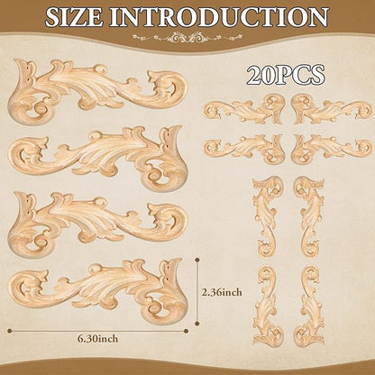 20 Pcs Wood Applique Corner Onlay Decorative Wood Applique DIY Wooden Carved Corner Unpainted Wooden Carved Decals Carving Decal for Furniture Wall Cupboard Bed Cabinet(Stylish Style)