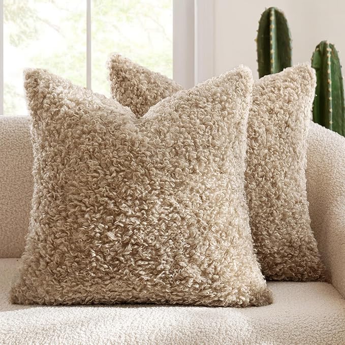 MIULEE Pack of 2 Faux Fur Throw Pillow Covers 26x26 Inch Neutral Oatmeal Boucle Decorative Sherpa Pillow Covers Fuzzy Accent Soft Sheepskin Fleece for Boho Home Decor Sofa Living Room Couch Bed