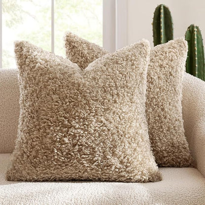 MIULEE Pack of 2 Faux Fur Throw Pillow Covers 26x26 Inch Neutral Oatmeal Boucle Decorative Sherpa Pillow Covers Fuzzy Accent Soft Sheepskin Fleece for Boho Home Decor Sofa Living Room Couch Bed