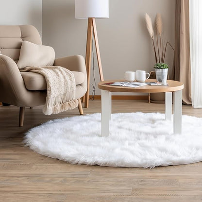 White Fluffy Faux Fur Rug, 5 ft Round – Soft and Cozy Circle Rug for Kids Room, Nursery, Bedroom, or Living Room – Plush Shaggy Carpet for Home Decor