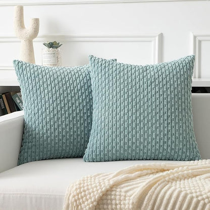 Kevin Textile Throw Pillow Covers Soft Corduroy Decorative Set of 2 Boho Striped Pillow Covers Pillowcases Farmhouse Home Decor for Couch Bed Sofa Living Room 16x16 Inch Dusty Green