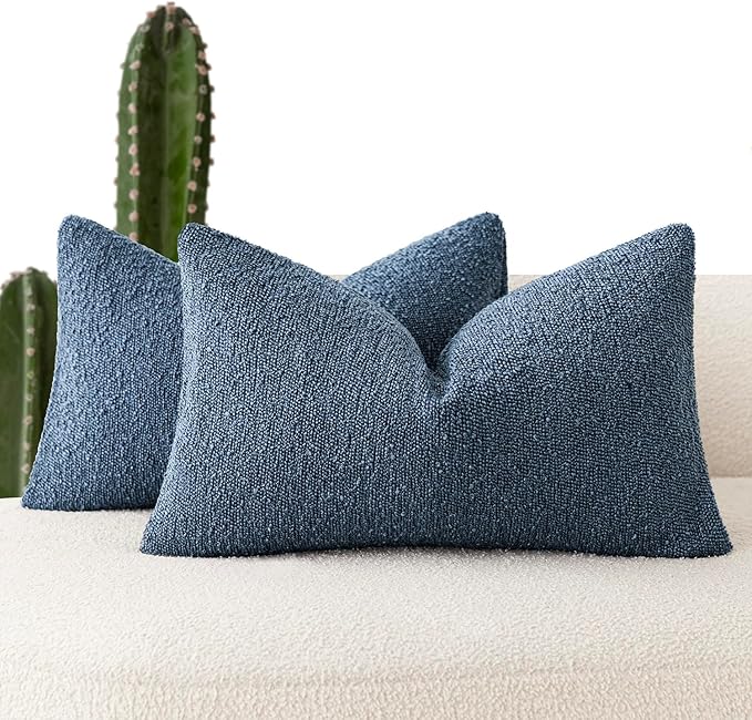 Foindtower Pack of 2 Textured Boucle Throw Pillow Covers Accent Solid Decorative Lumbar Pillow Cases Cozy Couch Cushion Case for Chair Sofa Bedroom Living Room Home Decor 12x20 Inch Dark Blue