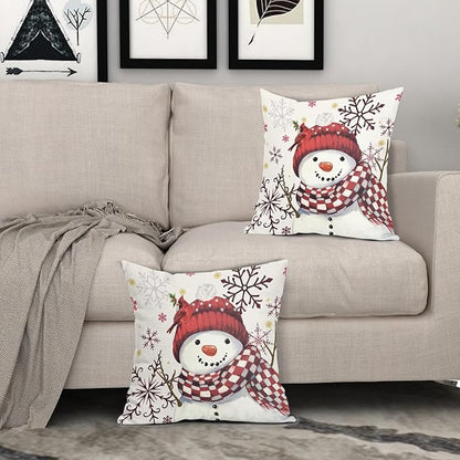 Christmas Pillow Covers 18x18 Set of 2 Red Snowman Throw Pillow Covers Winter Pillowcase Linen Decoration Farmhouse Bird Cozy Soft Cushion Case Couch for Indoor Outdoor Home Decor