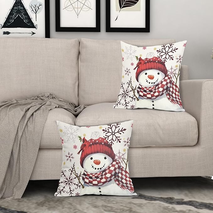 Christmas Pillow Covers 24x24 Set of 2 Red Snowman Throw Pillow Covers Winter Pillowcase Linen Decoration Farmhouse Bird Cozy Soft Cushion Case Couch for Indoor Outdoor Home Decor