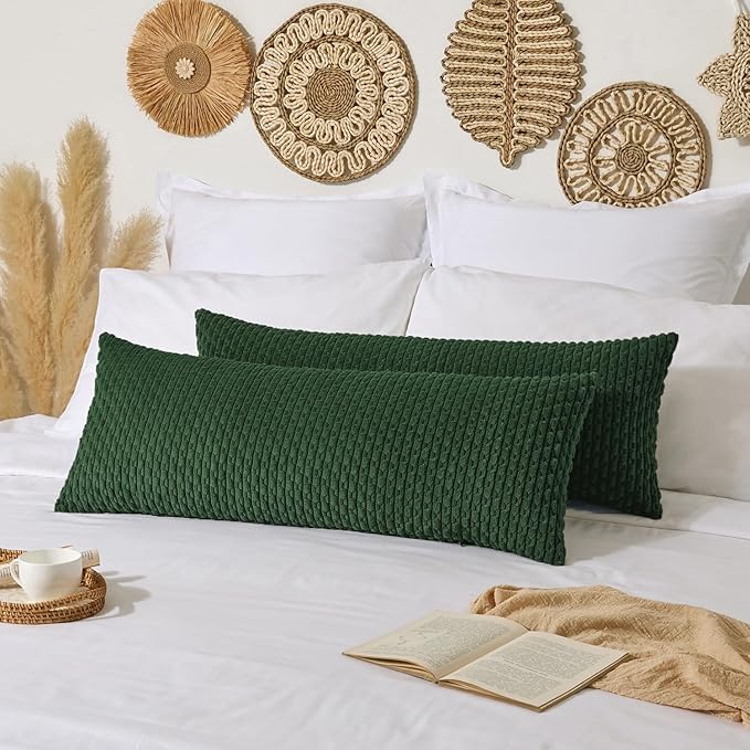 Kevin Textile 20x54 Inch Long Body Lumbar 1 Pack Boho Decorative Throw Pillow Cover Soft Striped Corduroy Rectangle Cushion Case Farmhouse Accent for Living Room Couch Sofa Bed, Dark Green
