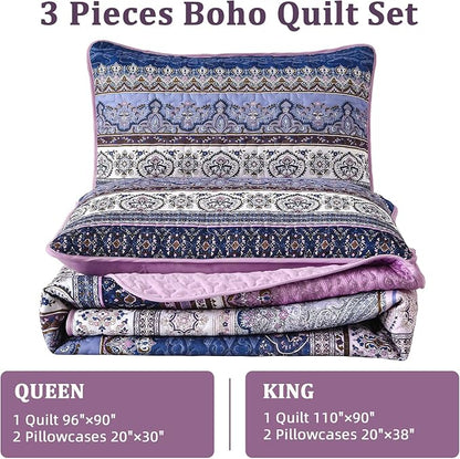 WONGS BEDDING Boho King Quilt Set, Purple Bohemian Quilt Bedding Set, Lightweight Bed Decor Bedspread for All Season Reversible Microfiber Coverlet Bedding Set 110"x90"(3 Pieces)