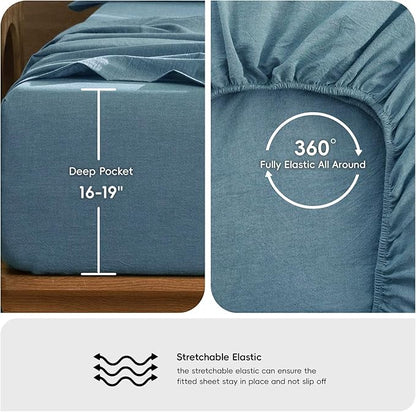 MooMee Bedding Sheet Set 100% Washed Cotton Linen Like Textured Breathable Durable Soft Comfy (Heathered Peacock Blue, Queen)