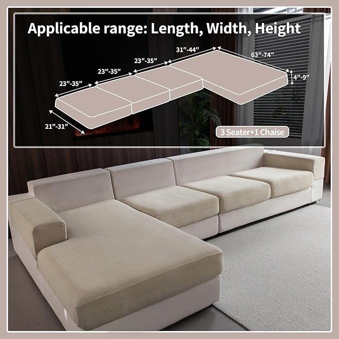 Sectional Couch Covers, Wear Resistant Stretch Sofa Covers Washable Soft Couch Cushion Covers Anti Slip Furniture Protector Sofa Slipcovers for Pets(4 Pieces 3 Seaters+1 Chaise, Light Brown)